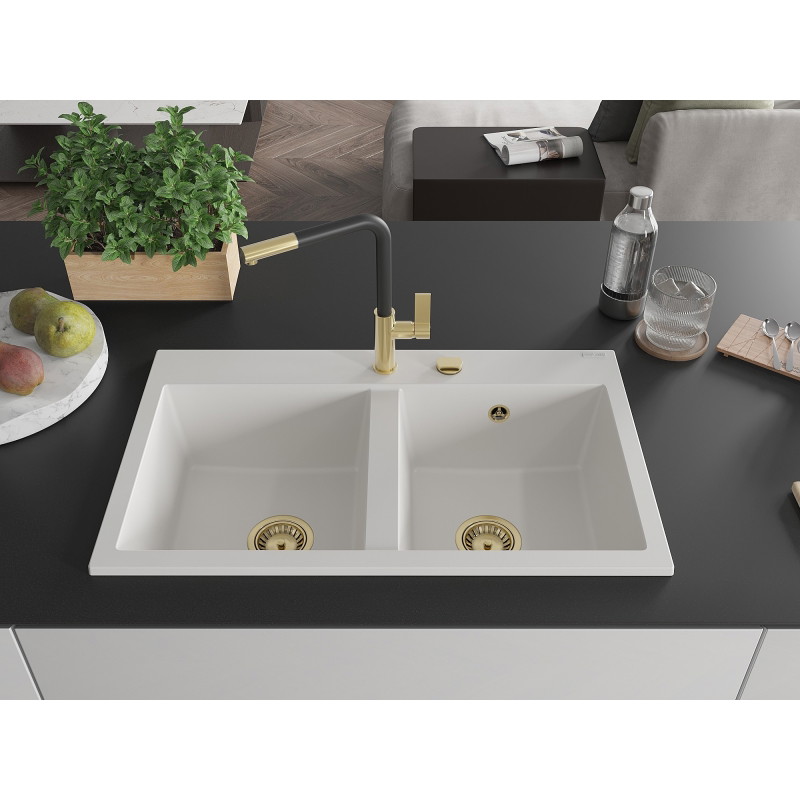 Mexen Hektor granitni sudoper s 2 komore 800 x 480 mm, bijeli, sifon zlatni - 6521802000-20-G
