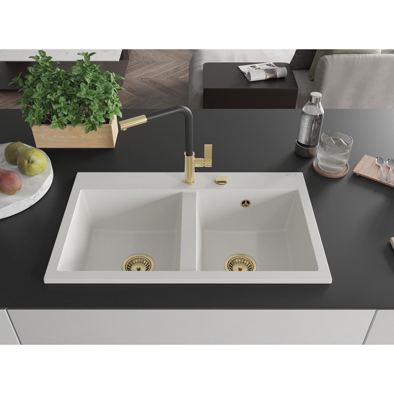 Mexen Hektor zlewozmywak granitowy 2-komorowy 800 x 480 mm, biały, syfon złoty - 6521802000-20-G