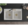 Mexen Hektor fregadero de granito de 2 senos 800 x 480 mm, blanco, sifón dorado - 6521802000-20-G