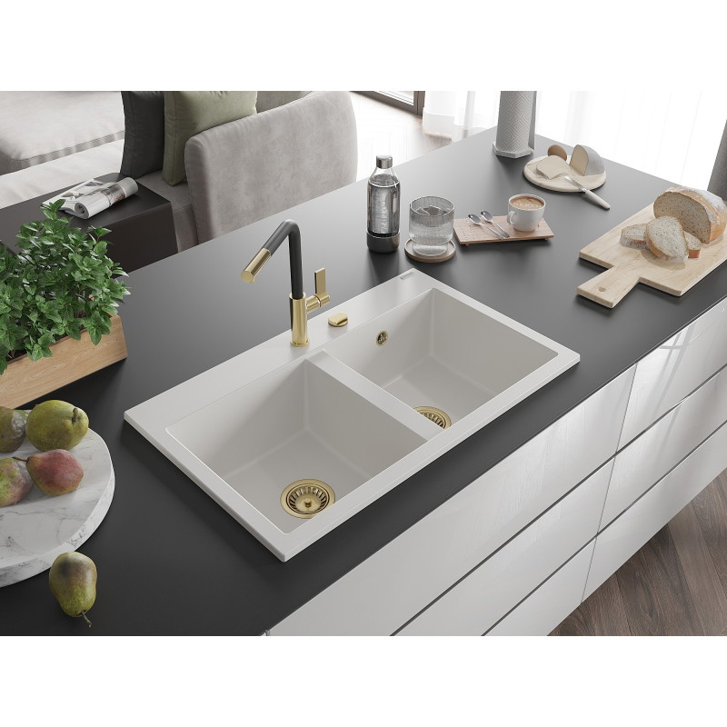 Mexen Hektor kahekambriline graniitist köögivalamu 800 x 480 mm, valge, kuldne sifoon - 6521802000-20-G