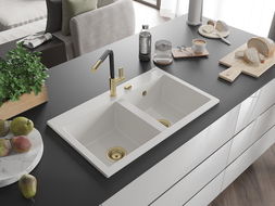 Mexen Hektor kuhinjsko korito iz granita z 2 komorama 800 x 480 mm, belo, zlat sifon - 6521802000-20-G