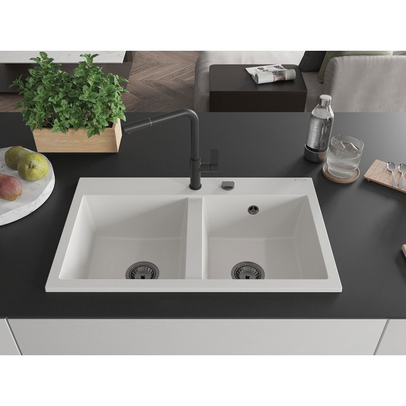 Mexen Hektor évier en granit 2 bacs 800 x 480 mm, blanc, siphon noir - 6521802000-20-B