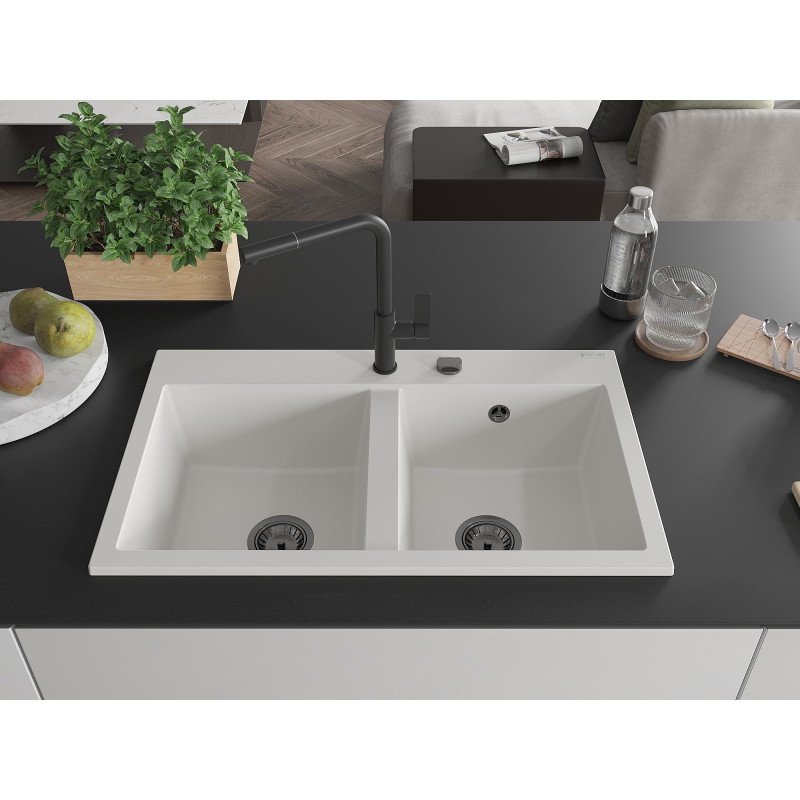 Mexen Hektor graniitist 2-kambriline köögivalamu 800 x 480 mm, valge, must sifoon - 6521802000-20-B