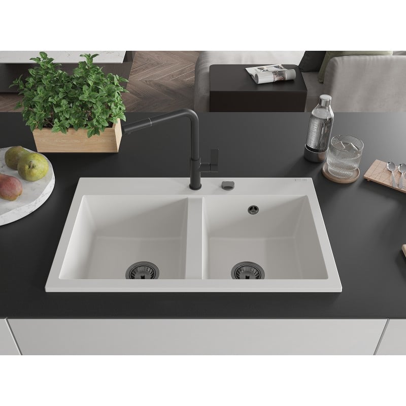 Mexen Hektor granite sink 2-bowl 800 x 480 mm, white, black siphon - 6521802000-20-B