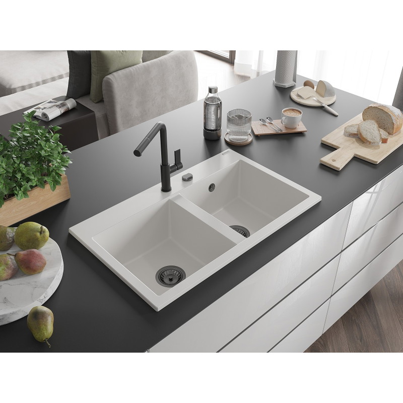 Mexen Hektor graniitist 2-kambriline köögivalamu 800 x 480 mm, valge, must sifoon - 6521802000-20-B