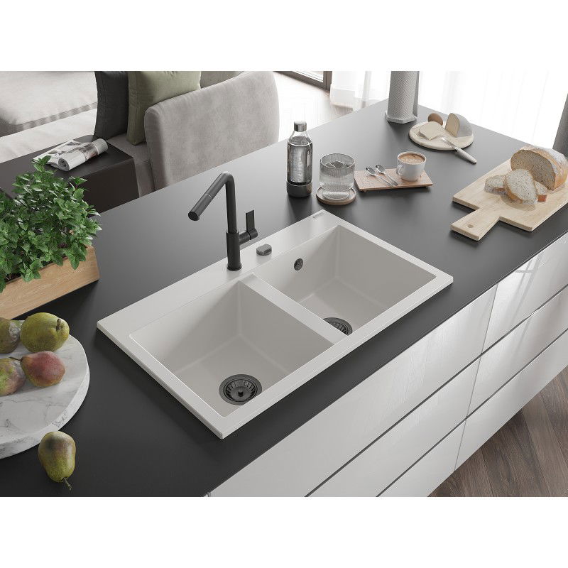 Mexen Hektor granitno pomivalno korito z dvema komorama 800 x 480 mm, belo, sifon črn - 6521802000-20-B