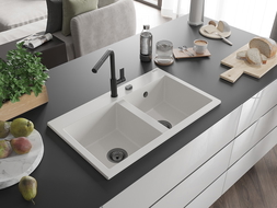 Mexen Hektor granieten gootsteen met 2 compartimenten 800 x 480 mm, wit, zwarte sifon - 6521802000-20-B
