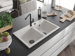 Mexen Hektor graniitist 2-kambriline köögivalamu 800 x 480 mm, valge, must sifoon - 6521802000-20-B
