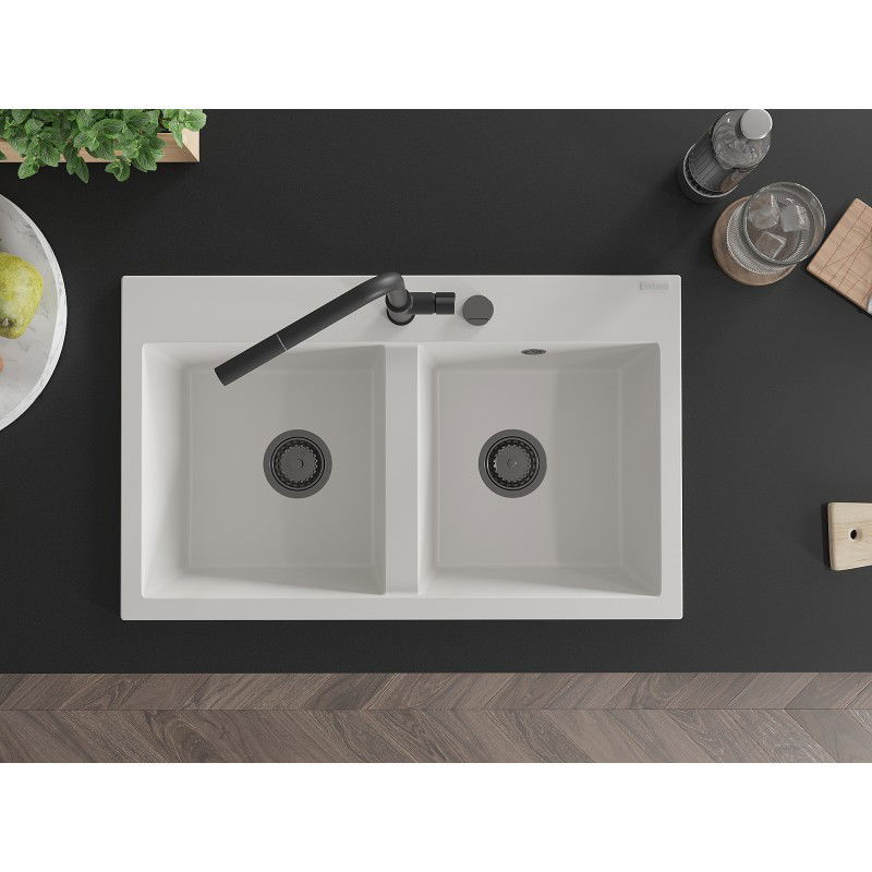 Mexen Hektor graniittinen 2-osainen pesuallas 800 x 480 mm, valkoinen, musta vesilukko - 6521802000-20-B