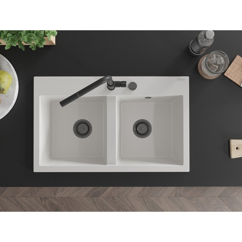 Mexen Hektor granite sink 2-bowl 800 x 480 mm, white, black siphon - 6521802000-20-B