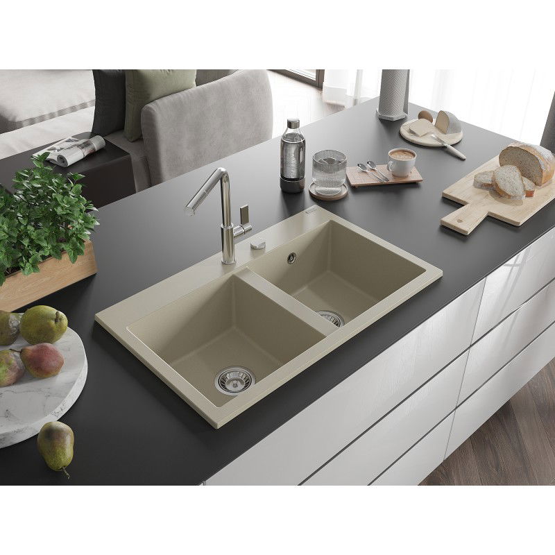 Mexen Hektor fregadero de granito de 2 compartimentos 800 x 480 mm, beige, sifón cromo - 6521802000-69