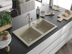 Mexen Hektor granieten gootsteen met 2 kommen 800 x 480 mm, beige, chromen sifon - 6521802000-69