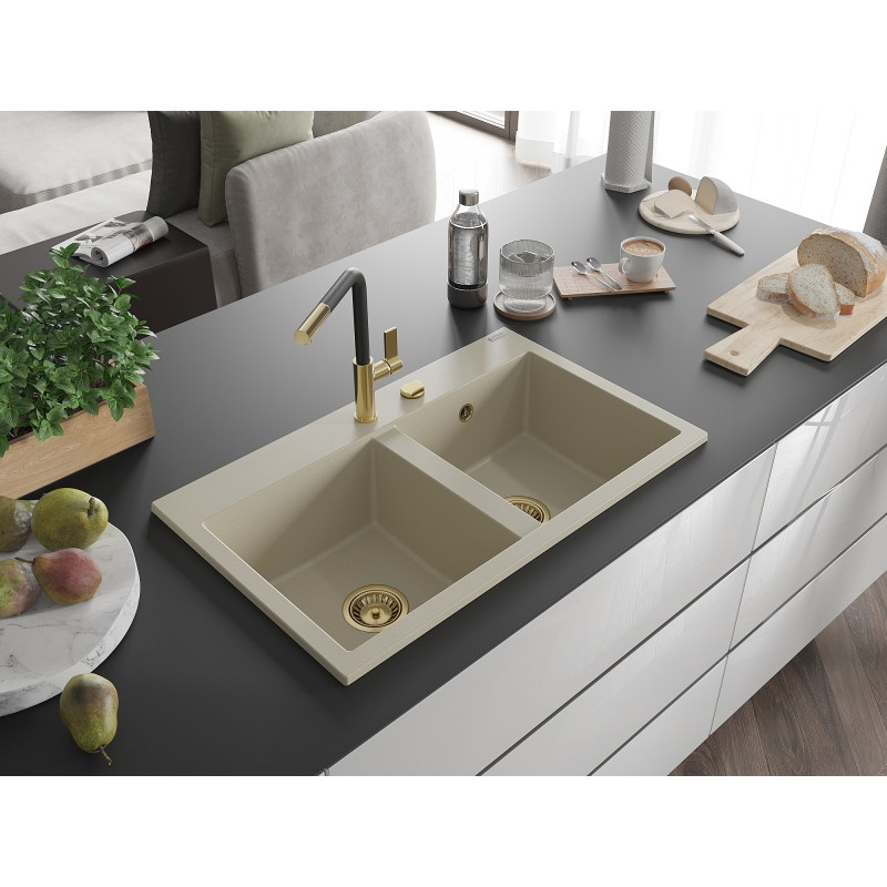 Mexen Hektor granitni sudoper s dvije komore 800 x 480 mm, bež, zlatni sifon - 6521802000-69-G
