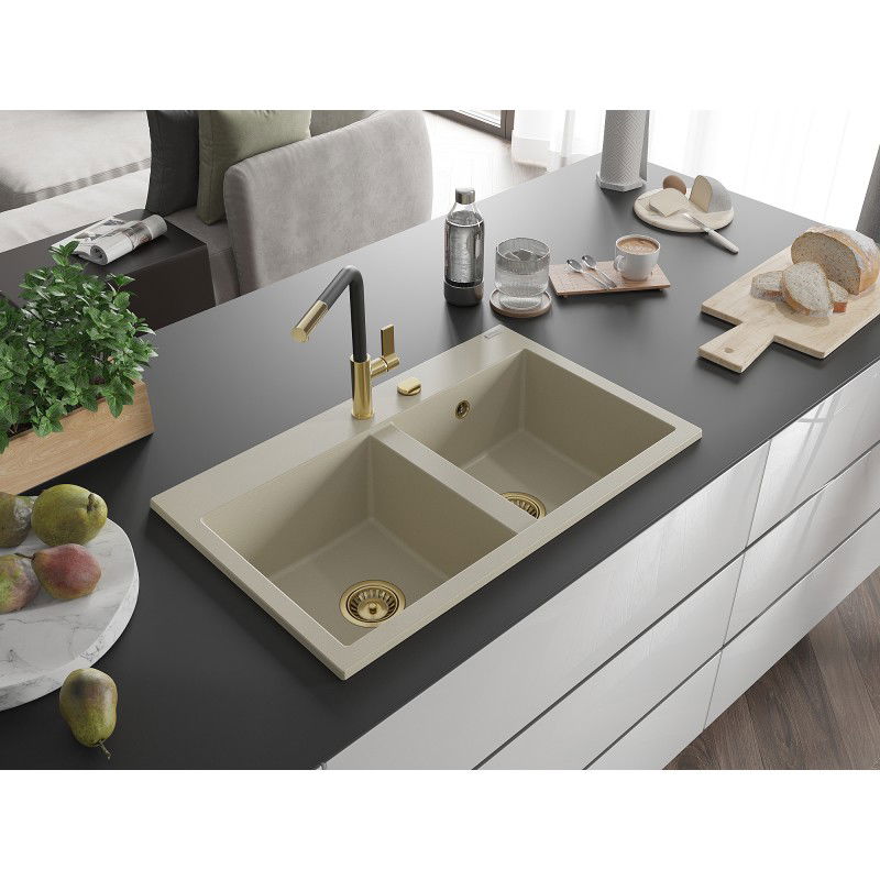 Mexen Hektor lavello in granito a 2 vasche 800 x 480 mm, beige, sifone dorato - 6521802000-69-G
