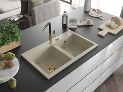 Mexen Hektor granieten 2-vaks gootsteen 800 x 480 mm, beige, gouden sifon - 6521802000-69-G