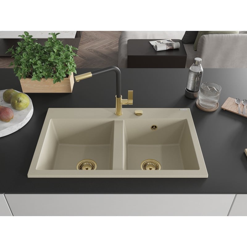 Mexen Hektor granitdiskho med 2 fack 800 x 480 mm, beige, gyllene avlopp - 6521802000-69-G