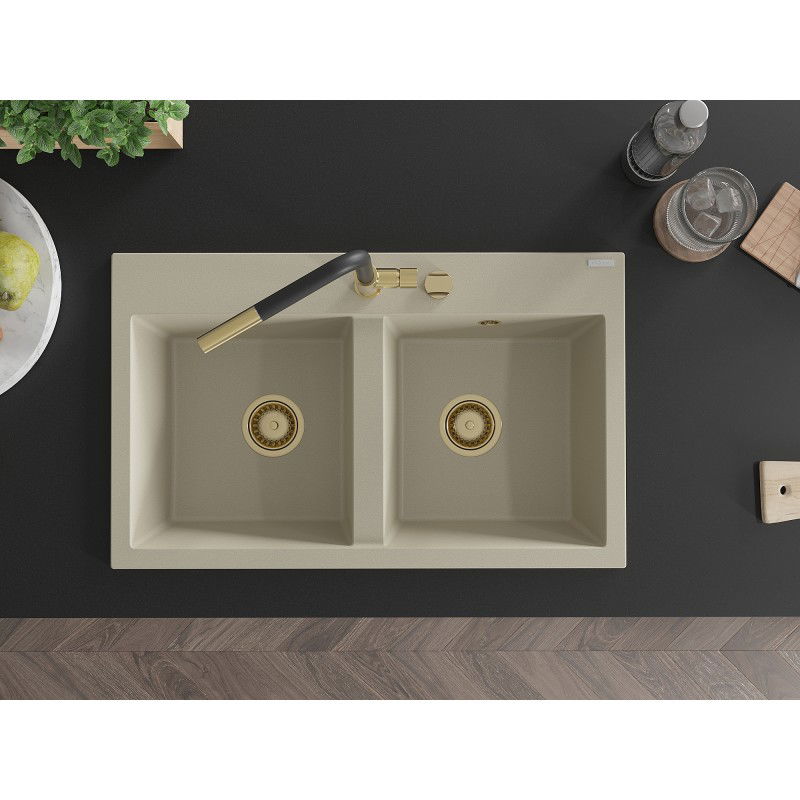 Mexen Hektor granieten gootsteen 2-baks 800 x 480 mm, beige, gouden sifon - 6521802000-69-G