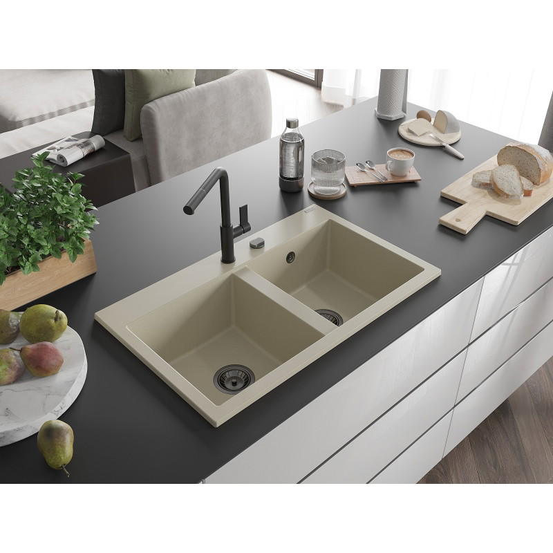 Mexen Hektor graniidist 2-kambriline valamiskraan 800 x 480 mm, beež, must sifoon - 6521802000-69-B