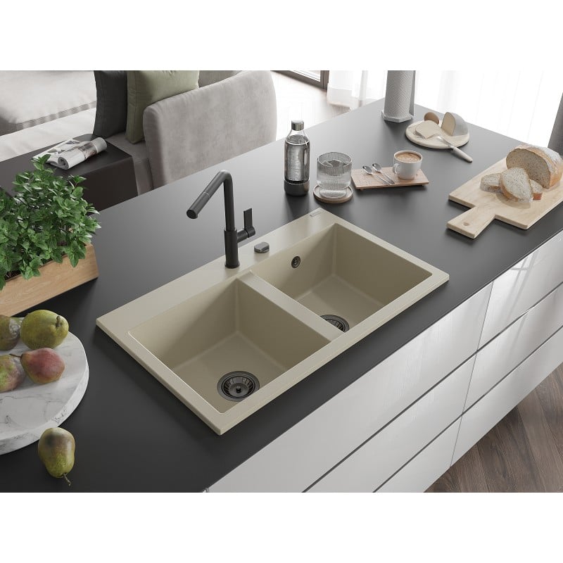 Mexen Hektor granite sink 2-chamber 800 x 480 mm, beige, black siphon - 6521802000-69-B