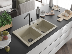 Mexen Hektor Granitspüle 2-Kammer 800 x 480 mm, beige, schwarzer Siphon - 6521802000-69-B