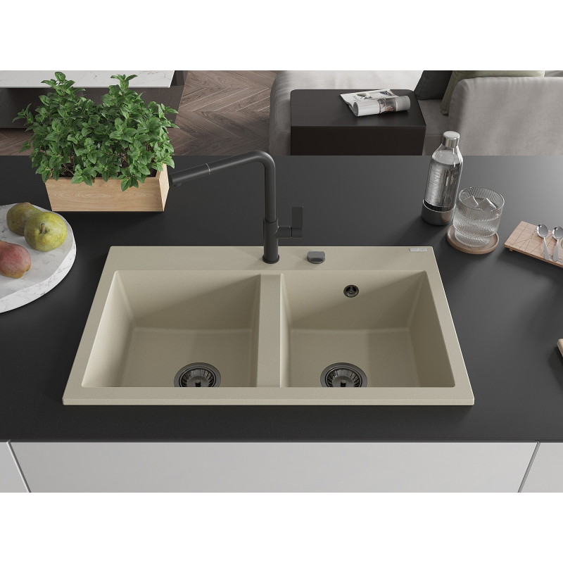 Mexen Hektor graniidist 2-kambriline valamiskraan 800 x 480 mm, beež, must sifoon - 6521802000-69-B
