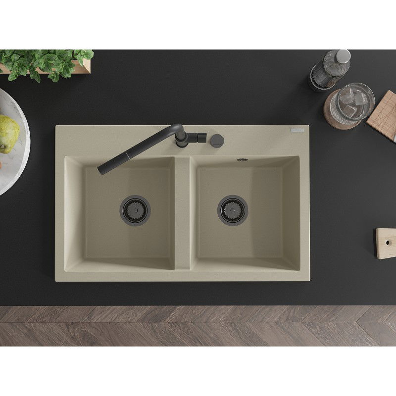 Mexen Hektor Granit Spullsteen mat 2-Kommaresch 800 x 480 mm, béisch, schwaarze Siphon - 6521802000-69-B