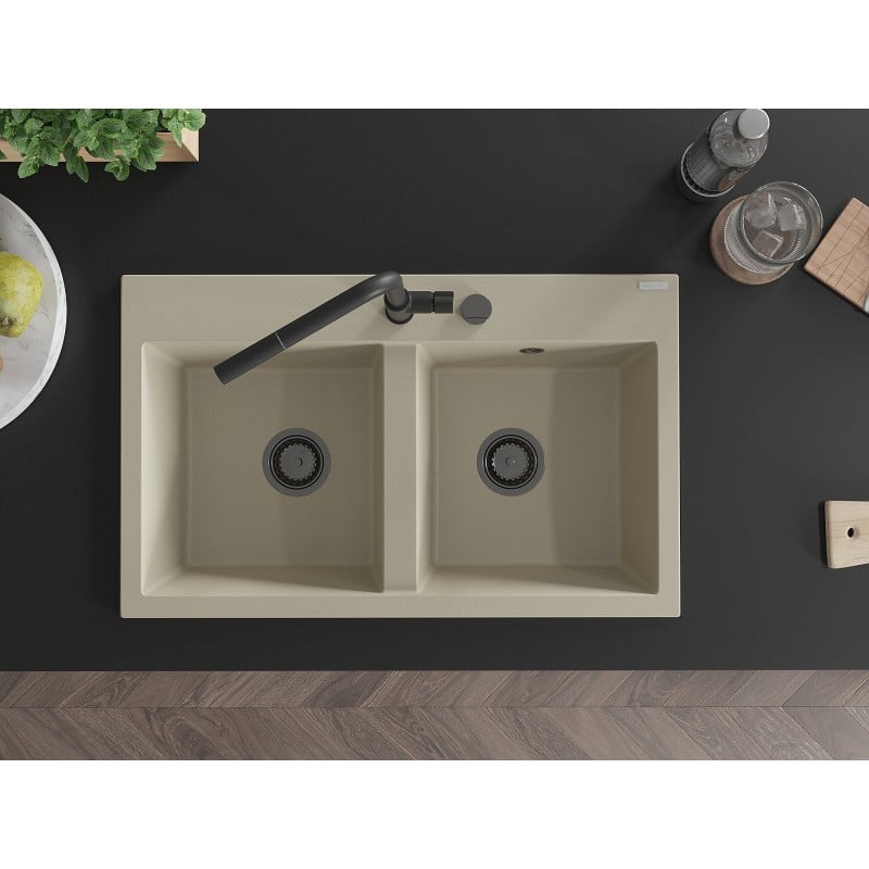 Mexen Hektor lava-loiça de granito de 2 bacias 800 x 480 mm, bege, sifão preto - 6521802000-69-B