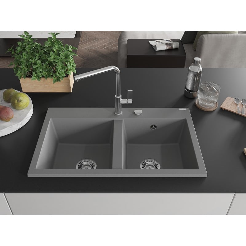 Mexen Hektor zlewozmywak granitowy 2-komorowy 800 x 480 mm, szary, syfon chrom - 6521802000-71