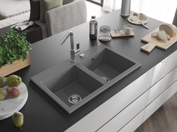 Mexen Hektor évier en granit 2 bacs 800 x 480 mm, gris, siphon chromé - 6521802000-71