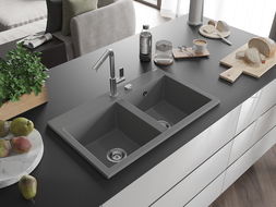Mexen Hektor granieten spoelbak met 2 kamers 800 x 480 mm, grijs, sifon chroom - 6521802000-71