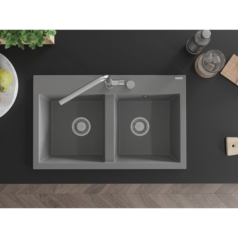 Mexen Hektor zlewozmywak granitowy 2-komorowy 800 x 480 mm, szary, syfon chrom - 6521802000-71
