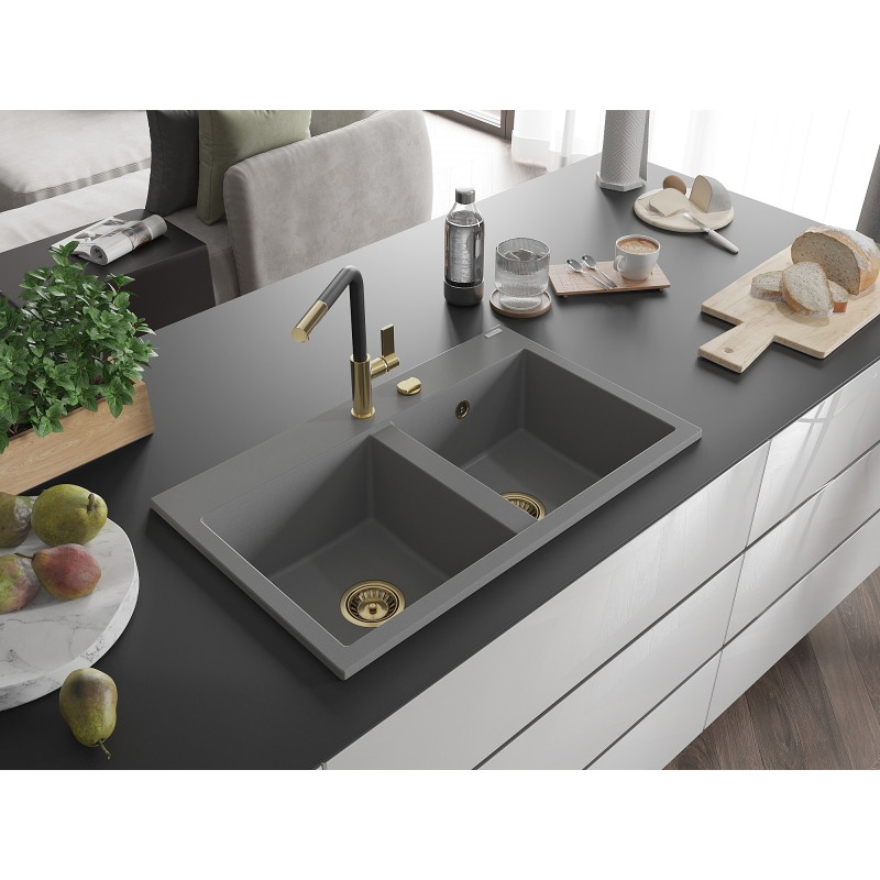 Mexen Hektor kahekambriline graniidist köögivalamu 800 x 480 mm, hall, kuldne sifoon - 6521802000-71-G