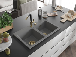 Mexen Hektor νεροχύτης γρανίτη 2-θαλάμων 800 x 480 mm, γκρι, σιφόνι χρυσό