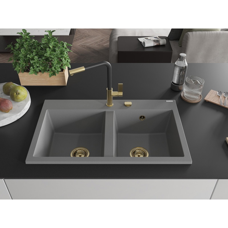Mexen Hektor kahekambriline graniidist köögivalamu 800 x 480 mm, hall, kuldne sifoon - 6521802000-71-G