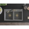 Mexen Hektor Granitspüle, 2-Kammer, 800 x 480 mm, Grau, Siphon Gold - 6521802000-71-G