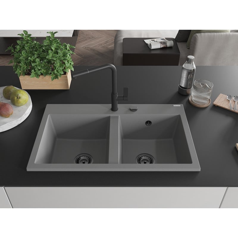 Mexen Hektor granite sink 2-bowl 800 x 480 mm, grey, black siphon - 6521802000-71-B