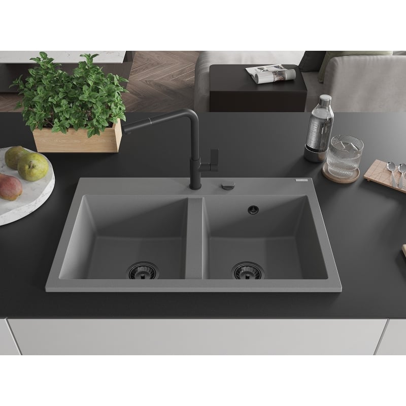 Mexen Hektor granitni sudoper s 2 odjeljka 800 x 480 mm, siva, crni sifon - 6521802000-71-B