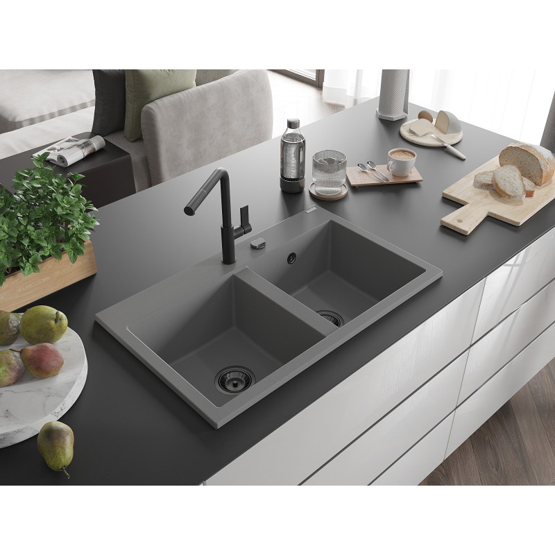 Mexen Hektor granitni sudoper s 2 odjeljka 800 x 480 mm, siva, crni sifon - 6521802000-71-B