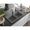 Mexen Hektor granieten gootsteen 2-kamers 800 x 480 mm, grijs, zwarte sifon - 6521802000-71-B