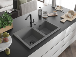 Mexen Hektor granieten gootsteen 2-kamers 800 x 480 mm, grijs, zwarte sifon - 6521802000-71-B