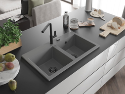 Mexen Hektor Graniittinen 2-osainen pesuallas 800 x 480 mm, harmaa, musta sihvilä - 6521802000-71-B