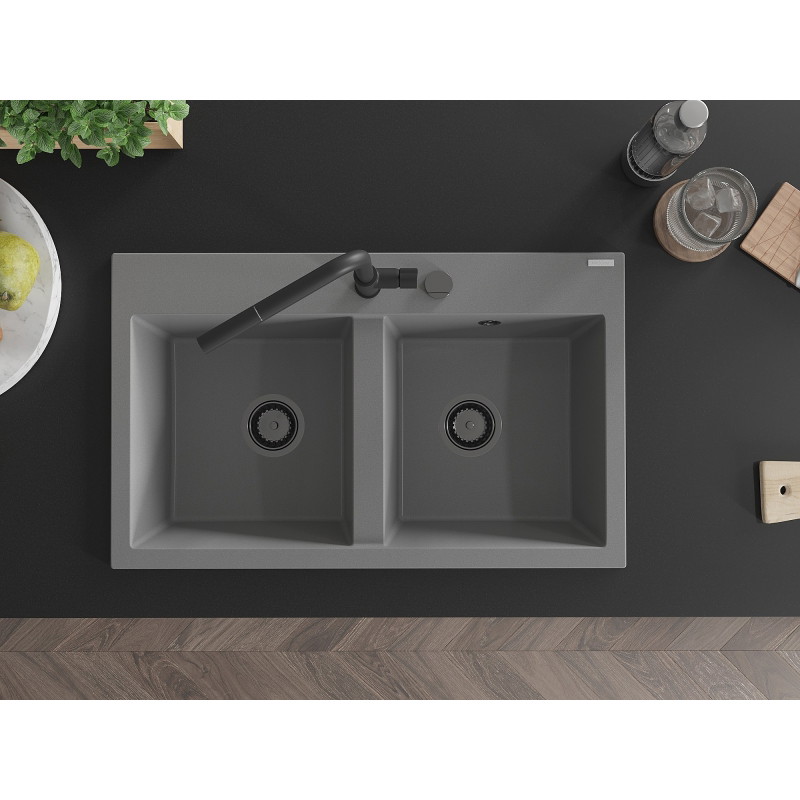 Mexen Hektor granitni sudoper s 2 odjeljka 800 x 480 mm, siva, crni sifon - 6521802000-71-B