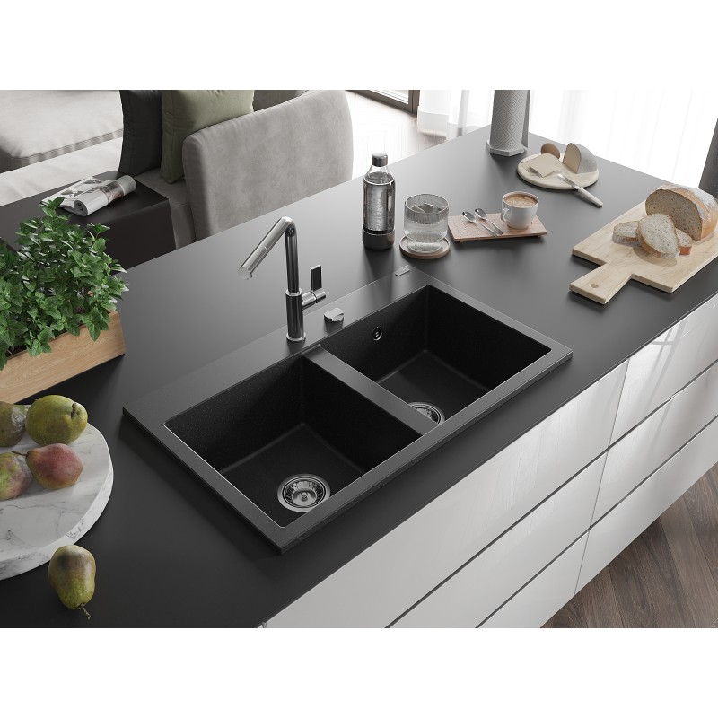 Mexen Hektor zlewozmywak granitowy 2-komorowy 800 x 480 mm, czarny/srebrny metalik, syfon chrom - 6521802000-73