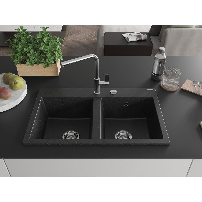 Mexen Hektor fregadero de granito de 2 cámaras 800 x 480 mm, negro/plateado metálico, sifón cromado - 6521802000-73