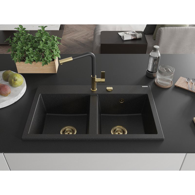 Mexen Hektor fregadero de granito de 2 senos 800 x 480 mm, negro/plateado metálico, sifón dorado - 6521802000-73-G