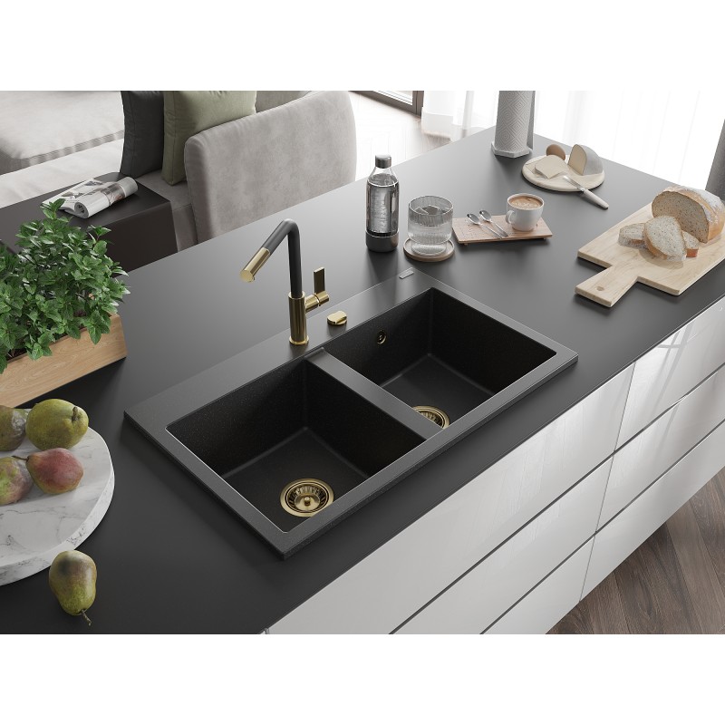 Mexen Hektor zlewozmywak granitowy 2-komorowy 800 x 480 mm, czarny/srebrny metalik, syfon złoty - 6521802000-73-G