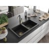 Mexen Hektor Granitspüle 2-beckig 800 x 480 mm, schwarz/silber metallic, goldener Siphon - 6521802000-73-G