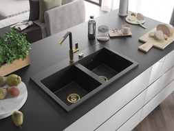 Mexen Hektor granieten gootsteen 2-vaks 800 x 480 mm, zwart/zilver metallic, gouden sifon - 6521802000-73-G