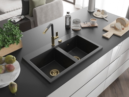 Mexen Hektor granitni sudoper s 2 komore 800 x 480 mm, crna/srebrna metalik, sifon zlatni - 6521802000-73-G