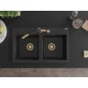 Mexen Hektor Granitspüle 2-beckig 800 x 480 mm, schwarz/silber metallic, goldener Siphon - 6521802000-73-G
